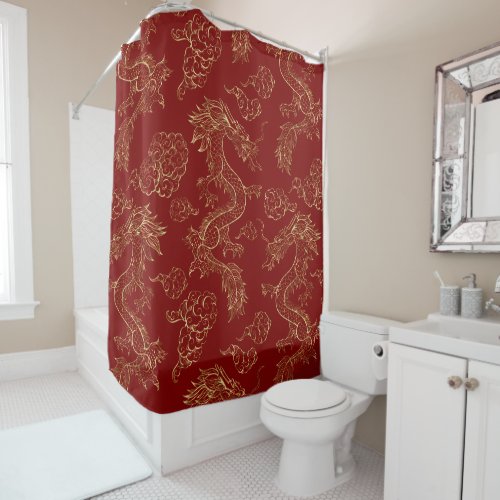 Chinese Dragon Gold and Dark Red Shower Curtain