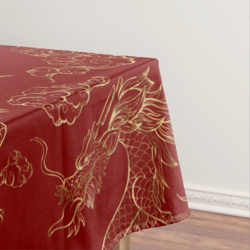 Chinese Dragon Gold and Dark Red Tablecloth