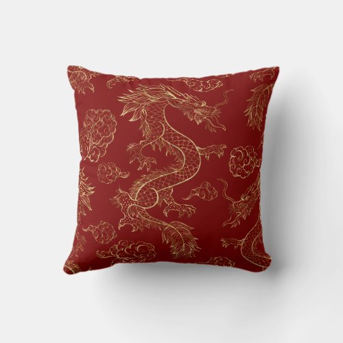 Chinese Dragon Gold and Dark Red Throw Pillow