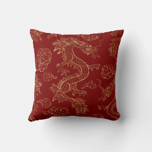 Chinese Dragon Gold and Dark Red Throw Pillow (Back)