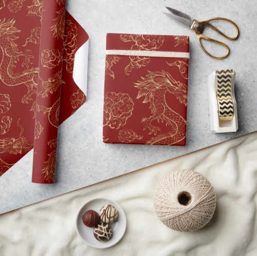 Chinese Dragon Gold and Dark Red Wrapping Paper