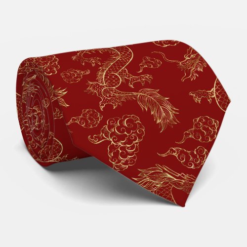 Chinese Dragon Gold and Red Neck Tie