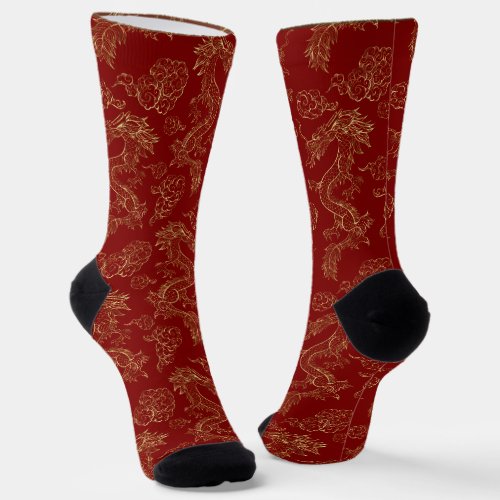 Chinese Dragon Gold and Red Socks