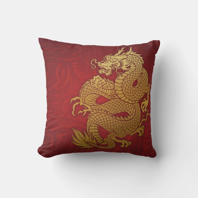 Chinese Dragon Gold and Red Throw Pillow (Front)