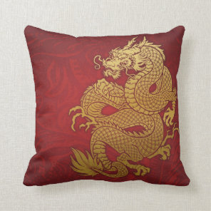 Chinese Dragon Gold and Red Throw Pillow