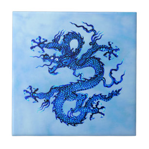 Chinese Dragon, Indigo and Pastel Blue Ceramic Ti Tile
