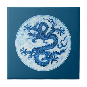Chinese Dragon, Indigo Blue and White  Ceramic Til Tile