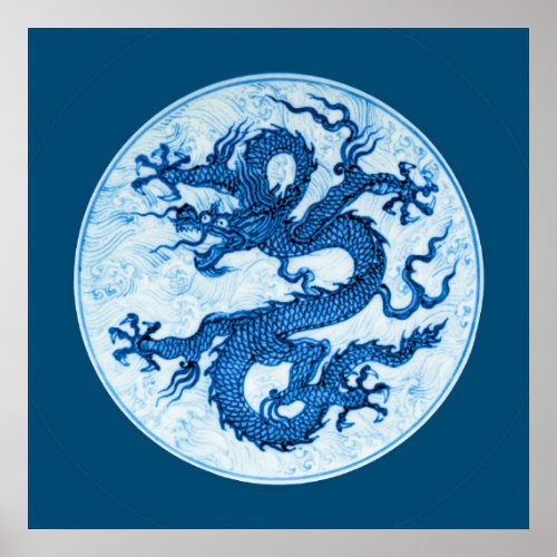 Chinese Dragon Indigo Blue and White  Poster