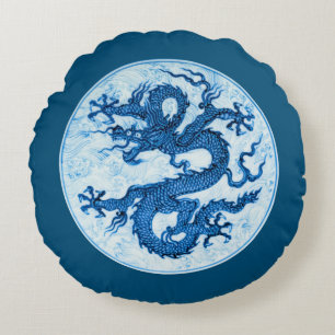 Chinese Dragon, Indigo Blue and White Round Pillo Pillow