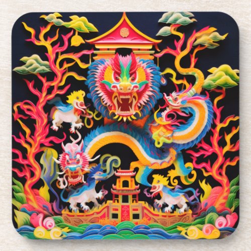 Chinese Dragon Layered Paper Cutout Effect Beverage Coaster
