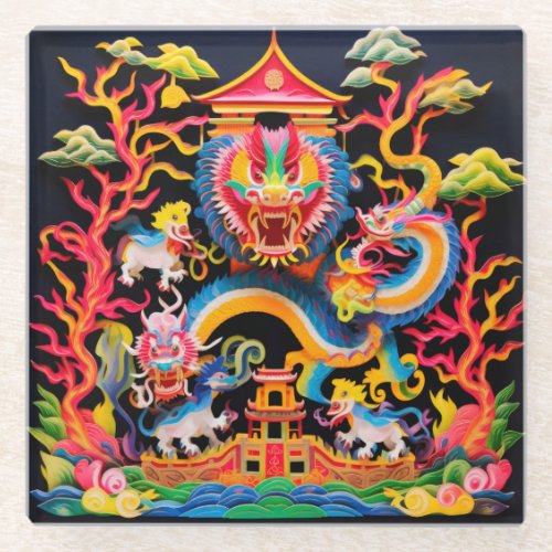 Chinese Dragon Layered Paper Cutout Effect Glass Coaster