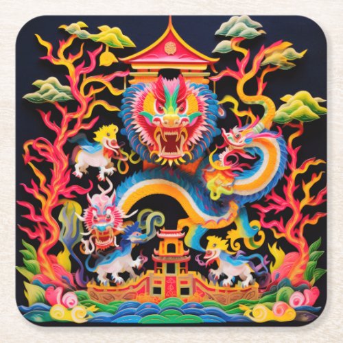Chinese Dragon Layered Paper Cutout Effect Square Paper Coaster