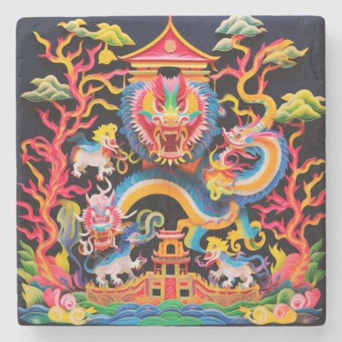 Chinese Dragon Layered Paper Cutout Effect Stone Coaster