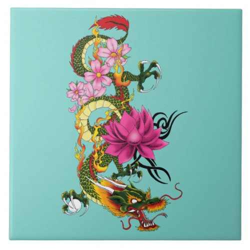 Chinese Dragon Lotus Cherry Blossoms Ceramic Tile