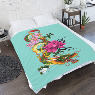 Chinese Dragon Lotus Cherry Blossoms Fleece Blanket