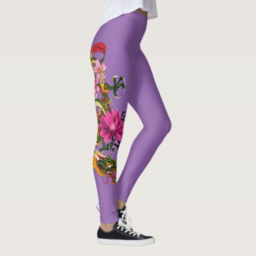 Chinese Dragon Lotus Cherry Blossoms Leggings