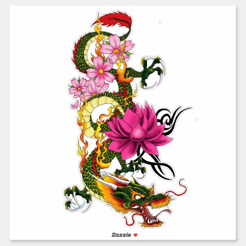 Chinese Dragon Lotus Cherry Blossoms Sticker