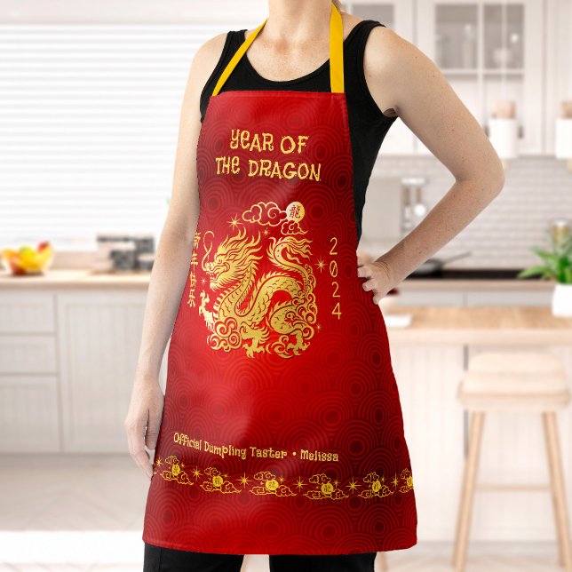 Chinese Dragon Lunar New Year 2024 Gold Foil Red Apron (LINK FOR 2026 YEAR OF THE HORSE: www.zazzle.com/collections/119527212422228266)