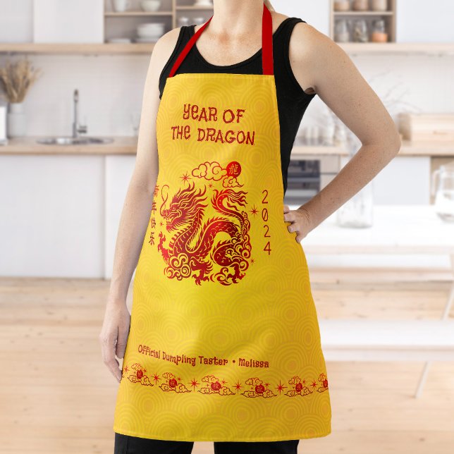 Chinese Dragon Lunar New Year 2024 Red Foil Yellow Apron (LINK FOR 2026 YEAR OF THE HORSE: www.zazzle.com/collections/119527212422228266)