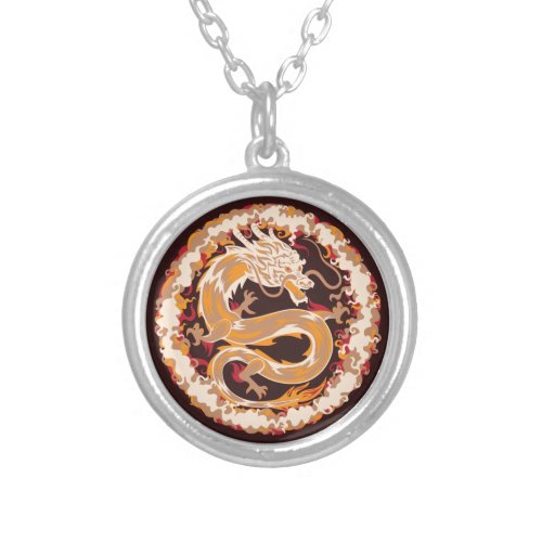Chinese Dragon Mythical Beast Circle Silver Plated Necklace