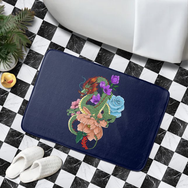 Chinese Dragon Navy Blue Flowers Bath Mat (Creator Uploaded)
