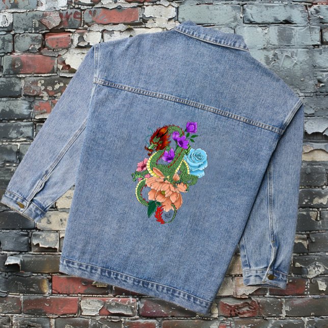 Chinese Dragon Navy Blue Flowers Denim Jacket (Creator Uploaded)