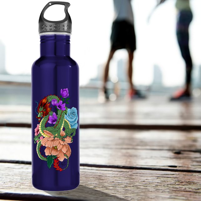 Chinese Dragon Navy Blue Flowers Stainless Steel Water Bottle (Creator Uploaded)