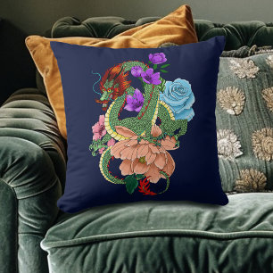 Chinese Dragon Navy Blue Flowers Throw Pillow