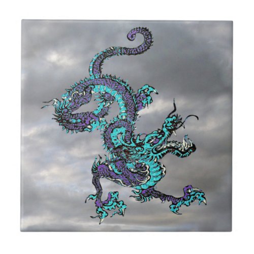 Chinese Dragon Purple and Blue v16 Ceramic Tile