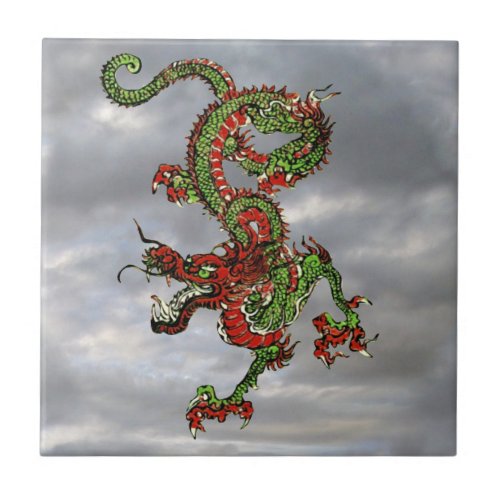 Chinese Dragon Red and Green v10 Ceramic Tile