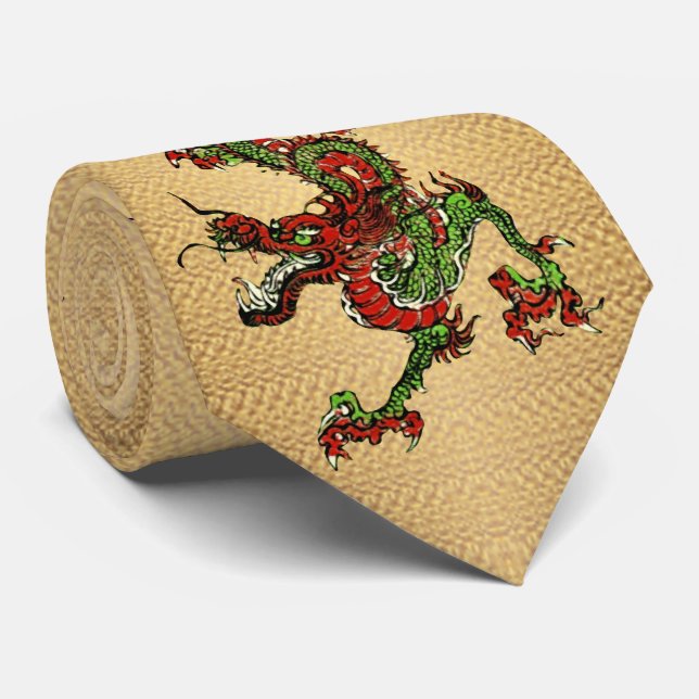 Chinese Dragon Red and Green v 15 Neck Tie (Rolled)