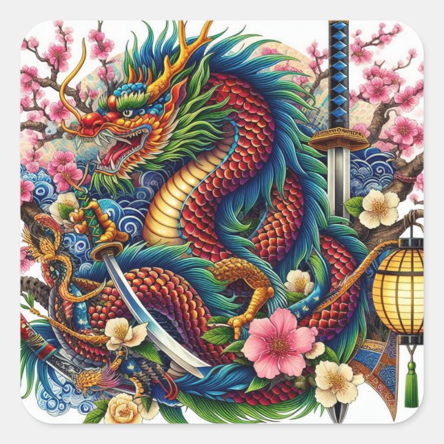 chinese dragon square sticker (Front)