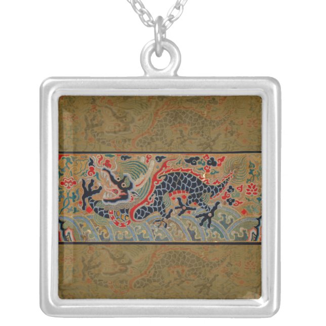 Chinese Dragon Symbol Antique Asian Silver Plated Necklace (Front)