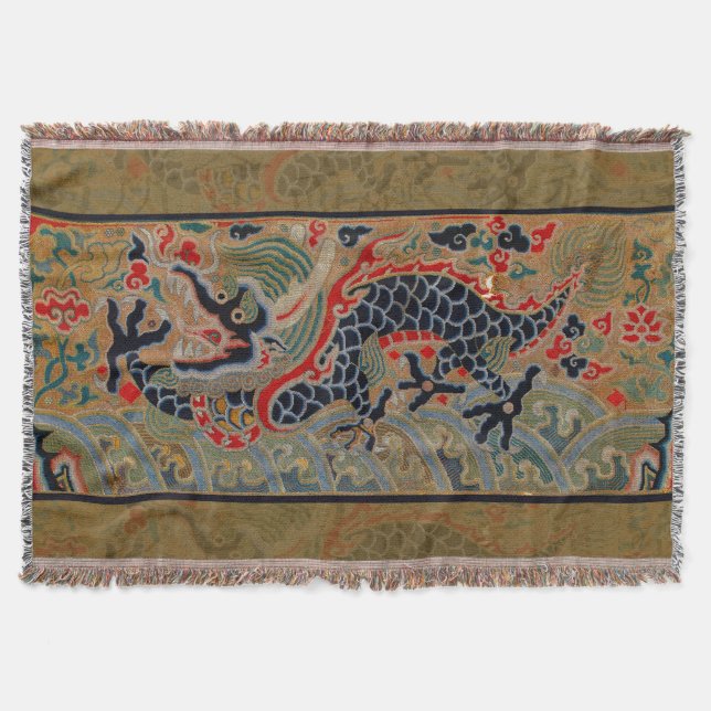 Chinese Dragon Symbol Antique Asian Throw Blanket (Front)