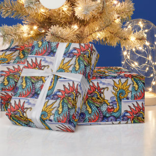 Chinese Dragon Tile Art Colorful Wrapping Paper