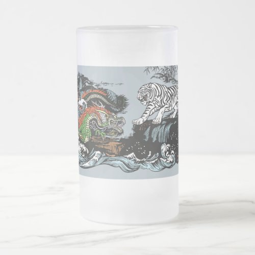 Chinese Dragon versus WhiteTiger Frosted Glass Beer Mug