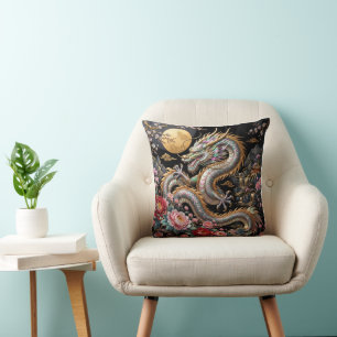 Chinese Dragon with Full Moon and Peonies – Mother Throw Pillow