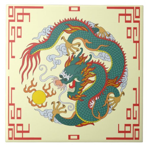 Chinese Dragon with Red Border Decorative Tile