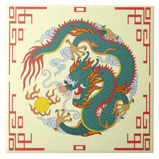 Chinese Dragon with Red Border Decorative Tile | Zazzle