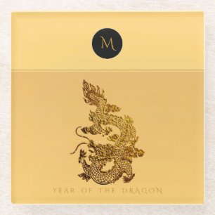 Chinese Dragon Year 2024 Elegant Monogram GlSC Glass Coaster