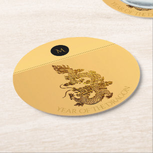 Chinese Dragon Year 2024 Elegant Monogram RPapC Round Paper Coaster
