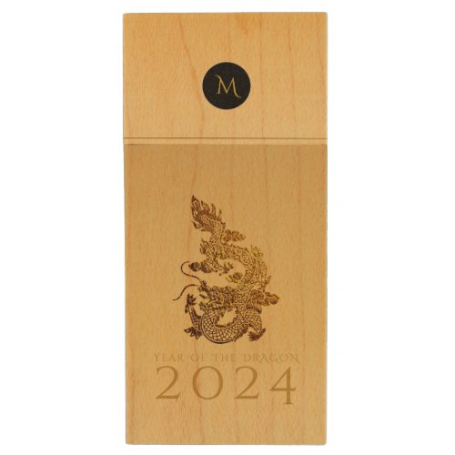 Chinese Dragon Year 2024 Elegant Monogram USB Wood Flash Drive