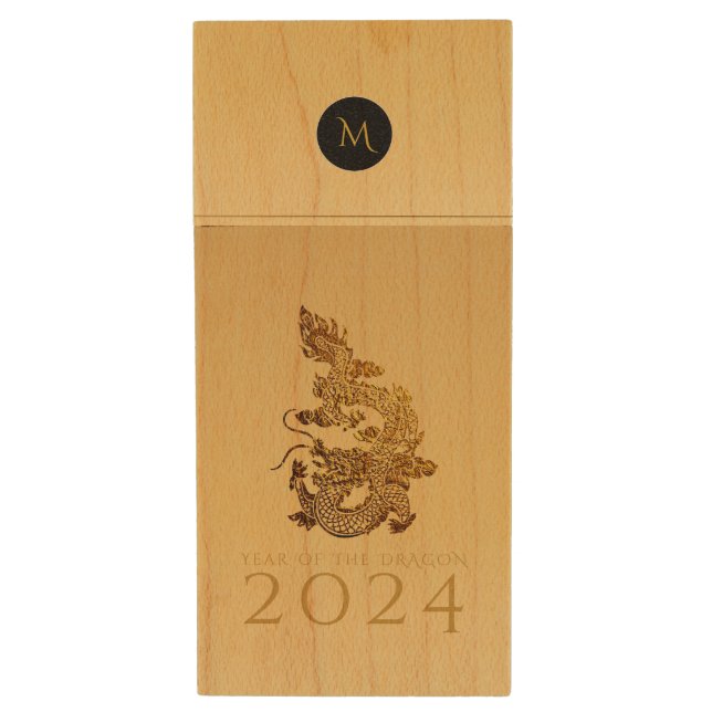 Chinese Dragon Year 2024 Elegant Monogram USB Wood Flash Drive (Front Vertical)