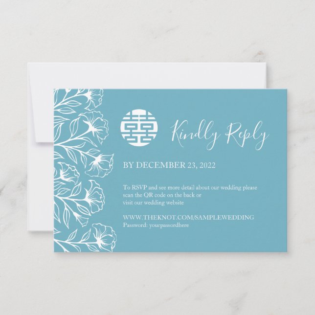 Chinese Elegant Floral Wedding RSVP with QR Code (Front)