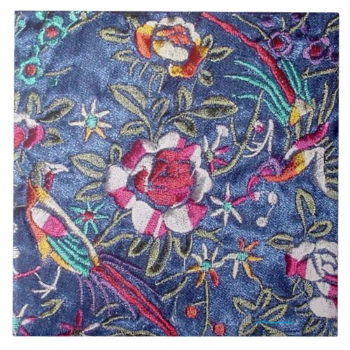 CHINESE EMBROIDERY OF ROSES AND BIRDS TILE
