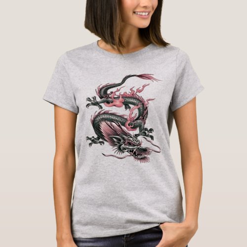 Chinese Fire Dragon In Light Gray And Red T_Shirt