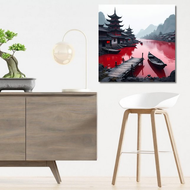 Chinese Fishing Village on Crimson Lake Metal Print (Creator Uploaded)