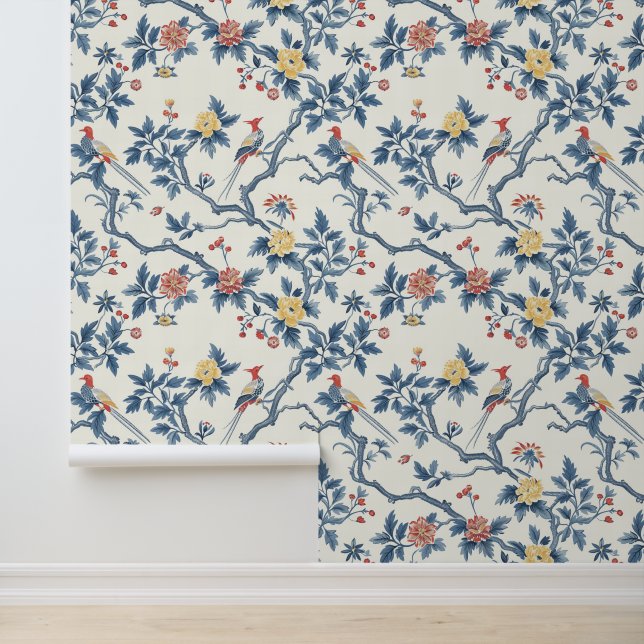 Chinese Floral Bird Blue Elegant Wallpaper (Application)