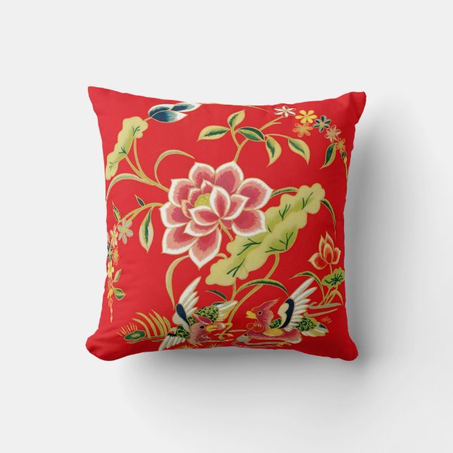 Chinese Floral Embroidery Design Throw Pillow (Front)
