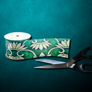 Chinese floral in blue -green satin ribbon